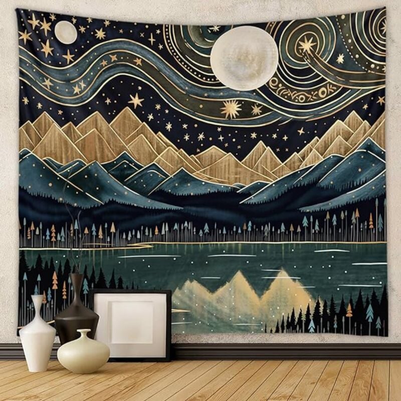 foto del prodotto bebusingoto arazzo da parete con foresta di montagna, paesaggio boh mien, luna e stelle, per camera da letto, arazzo estetico con natura, arazzo da