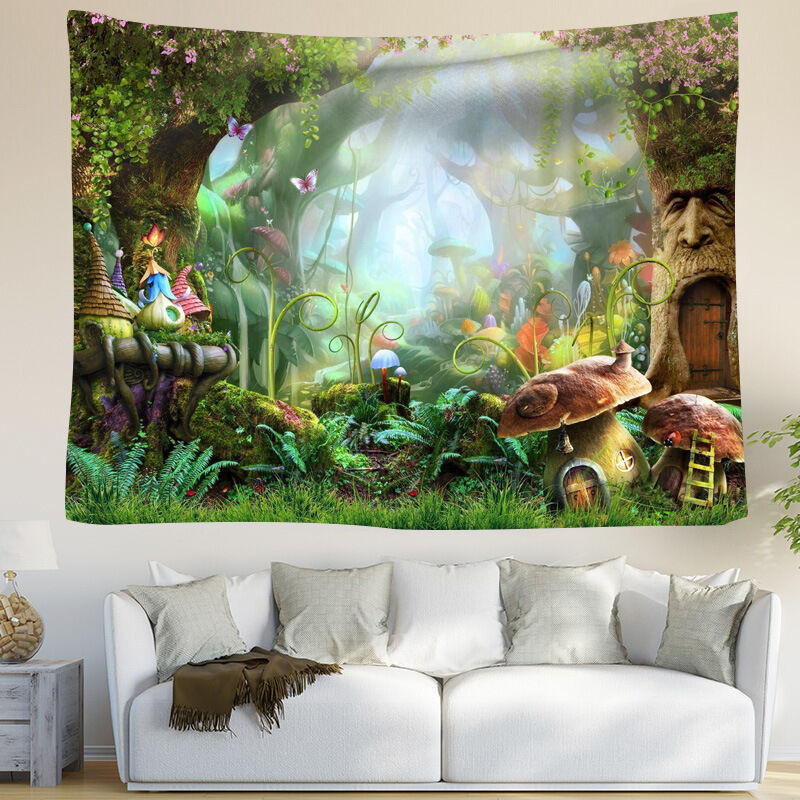 foto del prodotto bebusingoto arazzo da parete con foresta, natura, funghi primaverili, telo da parete, fiaba per bambini, camera da letto, soggiorno, dormitorio,