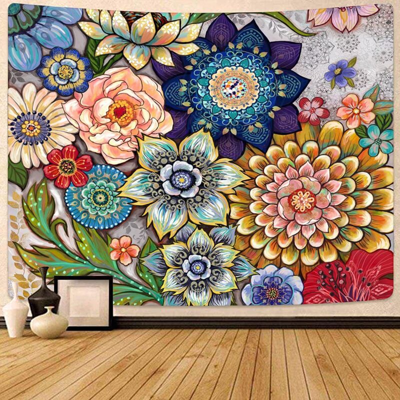 foto del prodotto bebusingoto arazzo da parete con motivo floreale boh mien colorato, arazzo in tessuto floreale boh mien luminoso, arazzo multicolore per la