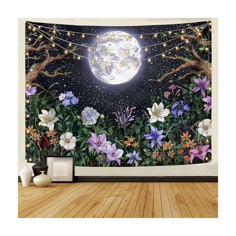 foto del prodotto bebusingoto arazzo da parete estetico moon garden con scena notturna e piante e fiori colorati, per camera da letto, arredamento per la casa, 130 x