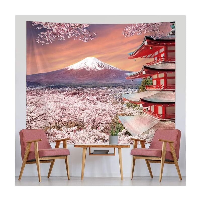 foto del prodotto bebusingoto arazzo da parete giapponese, arazzo asiatico con la montagna fuji, decorazione da parete con pagoda giapponese e fiori di ciliegio,