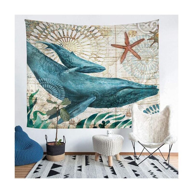 foto del prodotto bebusingoto arazzo di piccole dimensioni con balena, decorazione da parete con stampa 3d di balena, arazzo vintage in stile mediterraneo oceanico