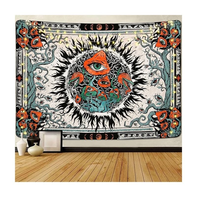 foto del prodotto bebusingoto arazzo fungo sole ardente, occhi hippie, mandala, vite, fasi lunari, arazzo da parete 130 x 150 cm 