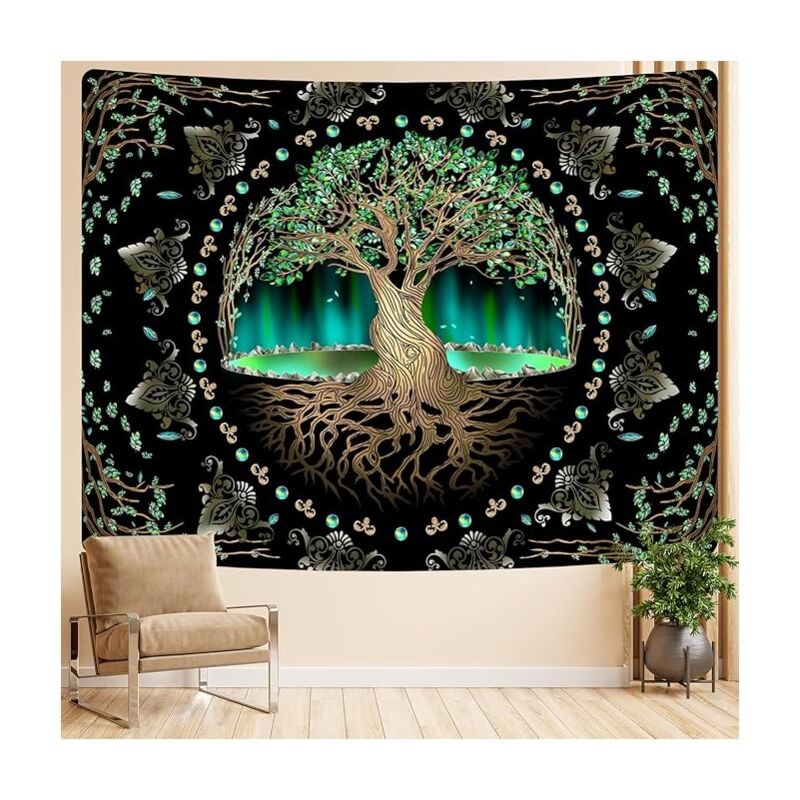 foto del prodotto bebusingoto arazzo naturale aurora albero della vita, arazzo da meditazione con foglie verdi, adatto per la decorazione di casa, camera da letto,
