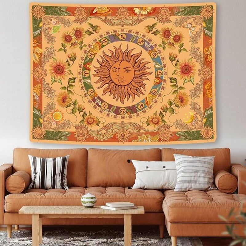 foto del prodotto bebusingoto arazzo vintage indie boho sole e luna giallo da appendere alla parete, arazzo estetico con girasole, farfalla e costellazione per
