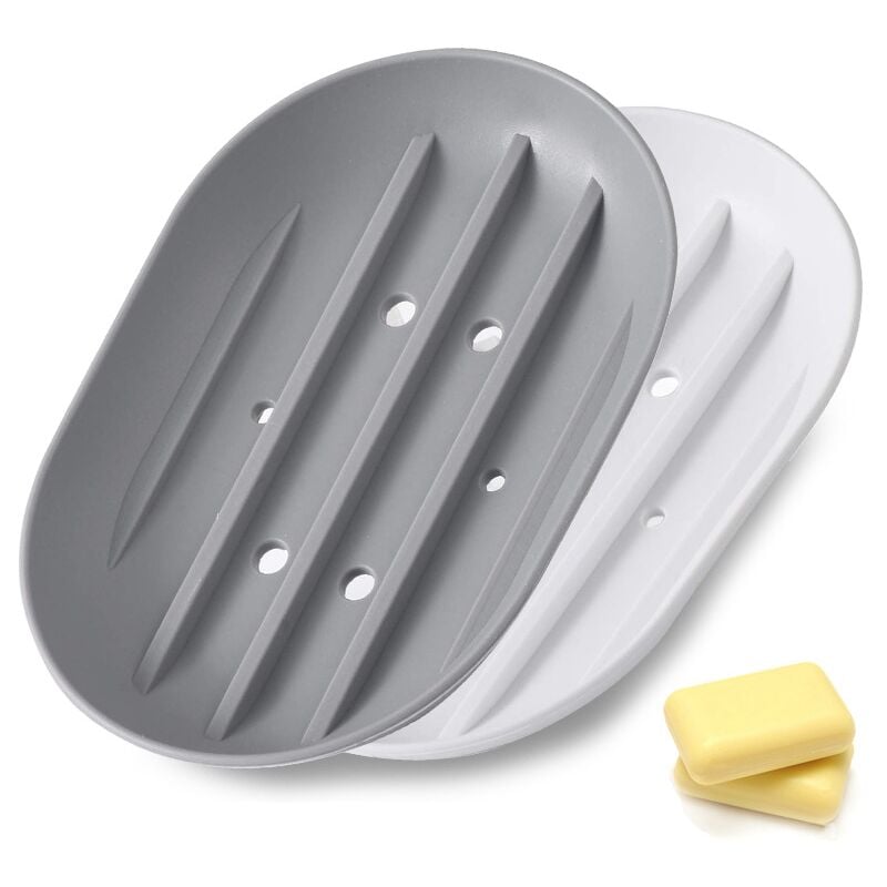 foto del prodotto bebusingoto bianco grigio confezione da 2 portasapone in silicone con tubo di scarico, portasapone antiscivolo per doccia, bagno e cucina