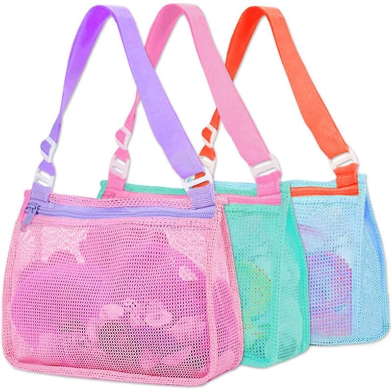 foto del prodotto bebusingoto borsa da spiaggia in rete, borse da spiaggia, borsa per la raccolta di conchiglie per bambini con tracolle regolabili per ragazzi e