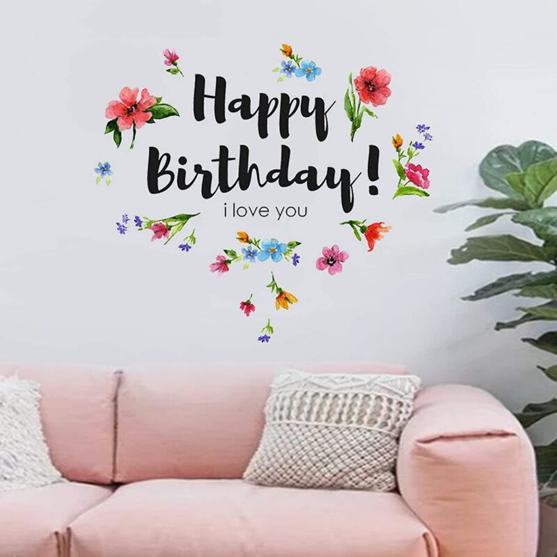 foto del prodotto bebusingoto buon compleanno, ti amo con fiori colorati, rimovibile, motivazionale, fai da te, adesivo da parete, citazioni, vinile, stacca e attacca,