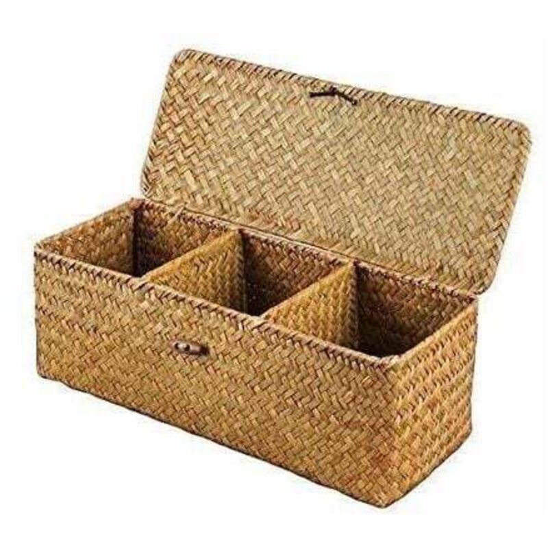 foto del prodotto bebusingoto cestino portaoggetti rettangolare in vimini con coperchio, scomparti organizzabili, carta igienica, snack e giocattoli