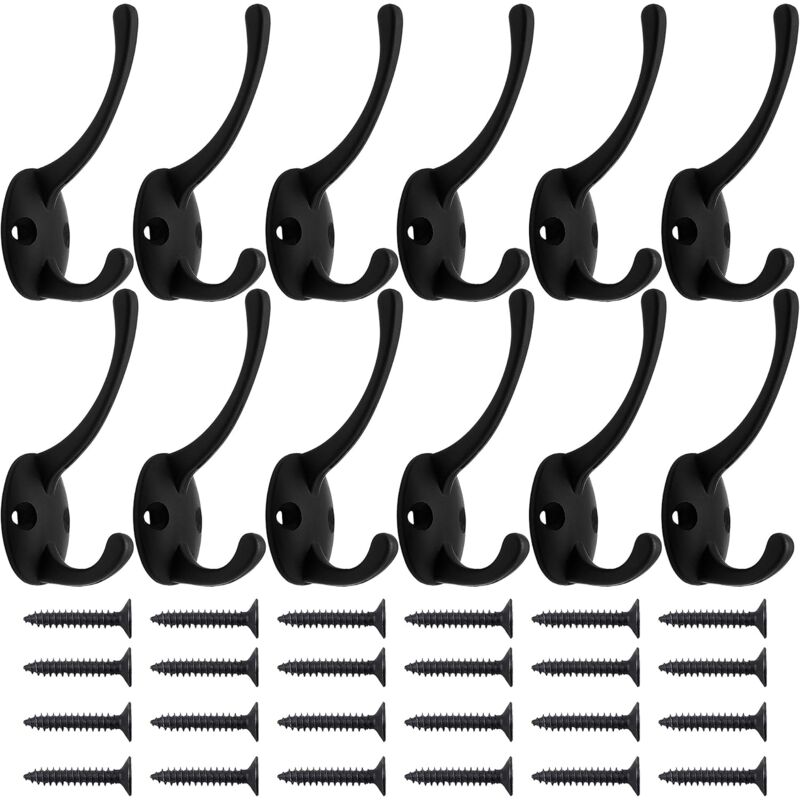 foto del prodotto bebusingoto confezione da 12 ganci appendiabiti da parete neri con 24 viti, ganci doppi retr , ganci neri utili per cappotti, sciarpe, borse,