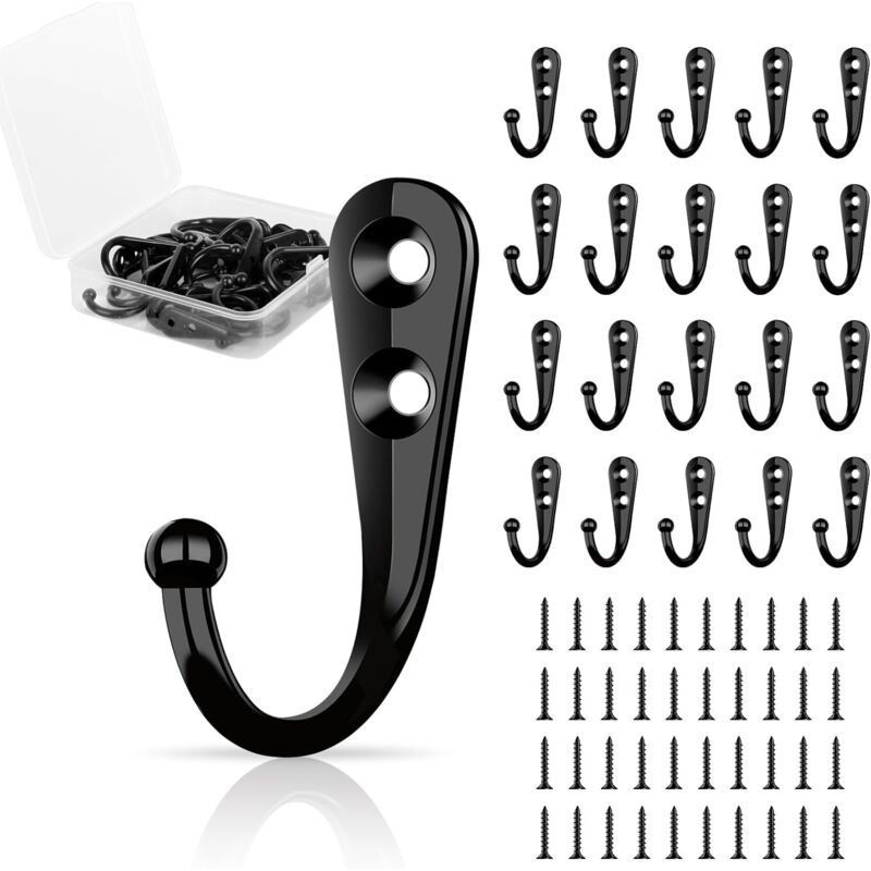 foto del prodotto bebusingoto confezione da 20 ganci da parete neri con 40 viti per appendere cappelli, asciugamani, accappatoi, tazze, tazze da cucina