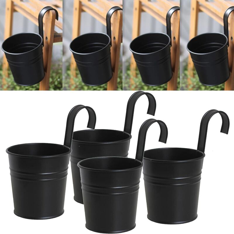 foto del prodotto bebusingoto confezione da 4 vasi da fiori sospesi in metallo nero con gancio staccabile per recinzione interna esterna balcone giardino decorazione