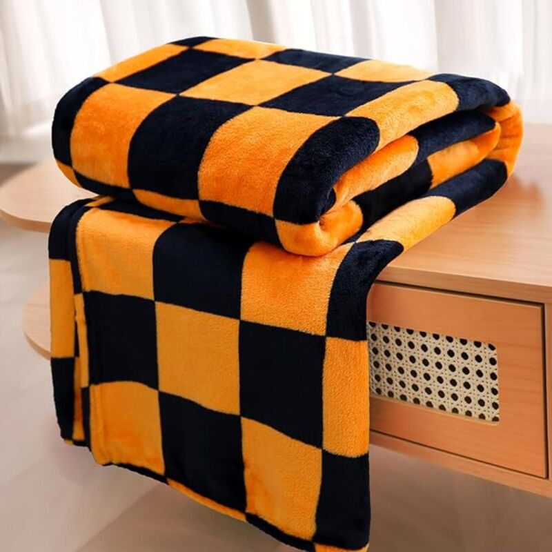 foto del prodotto bebusingoto coperta a scacchi nera e arancione 135 x 200 cm , coperta in flanella scozzese arancione per divano, letto, sof , coperta scozzese