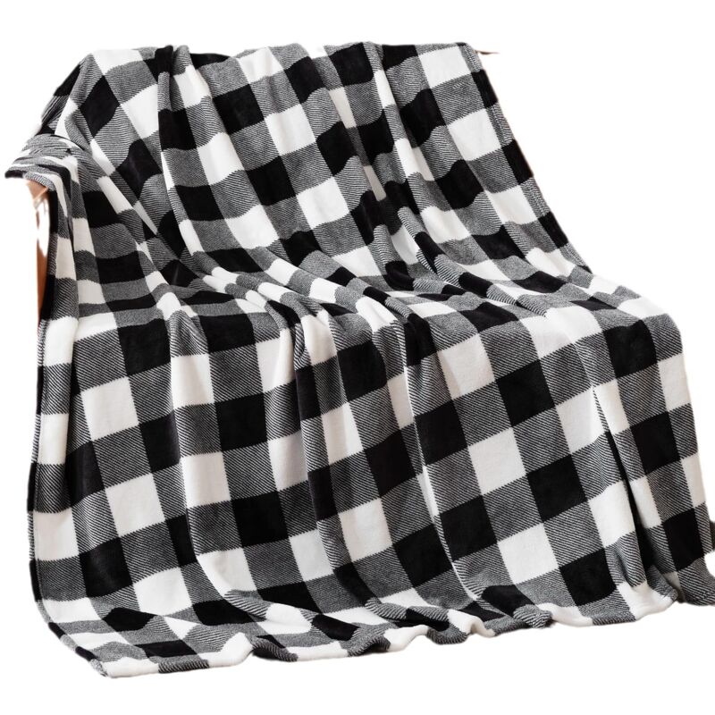 foto del prodotto bebusingoto coperta in pile 75 x 100 cm per divano letto, motivo scozzese buffalo, coperta scozzese bianca e nera, coperta comoda, morbida, leggera