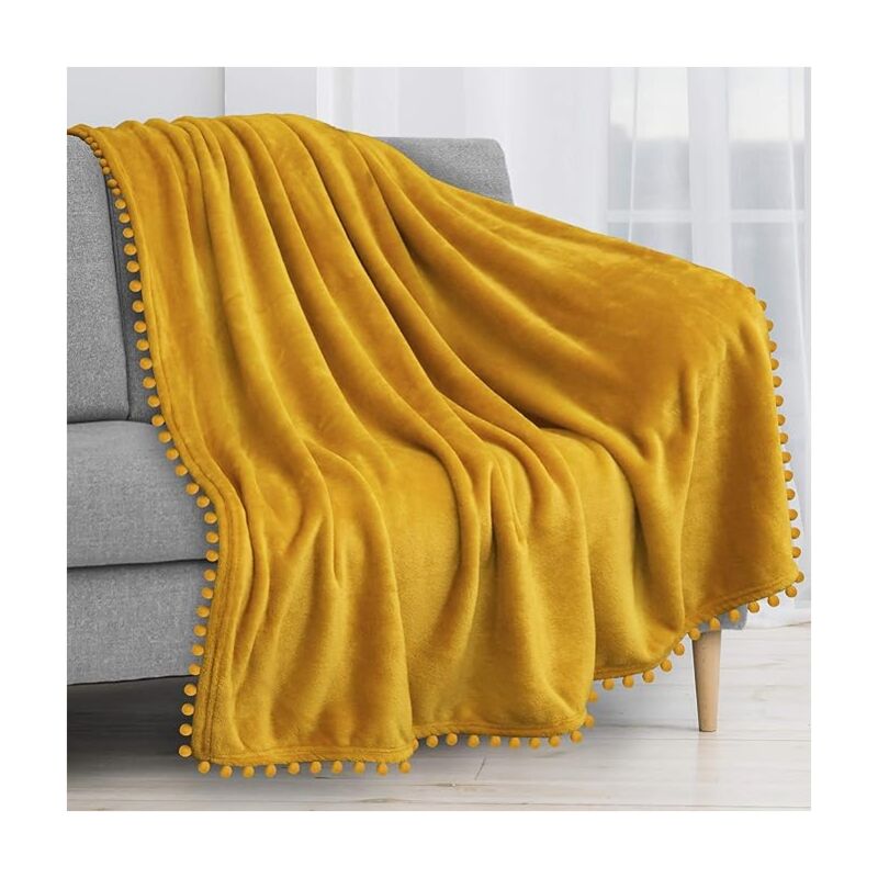 foto del prodotto bebusingoto coperta in pile per divano 100 x 120 cm con frange a pompon, giallo senape, morbida e confortevole coperta in flanella per divano