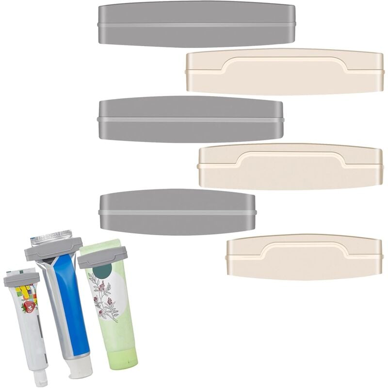 foto del prodotto bebusingoto dispenser per dentifricio, 6 pezzi, 3 misure, clip per dentifricio in plastica con meccanismo a rotazione per il bagno grigio, bianco 