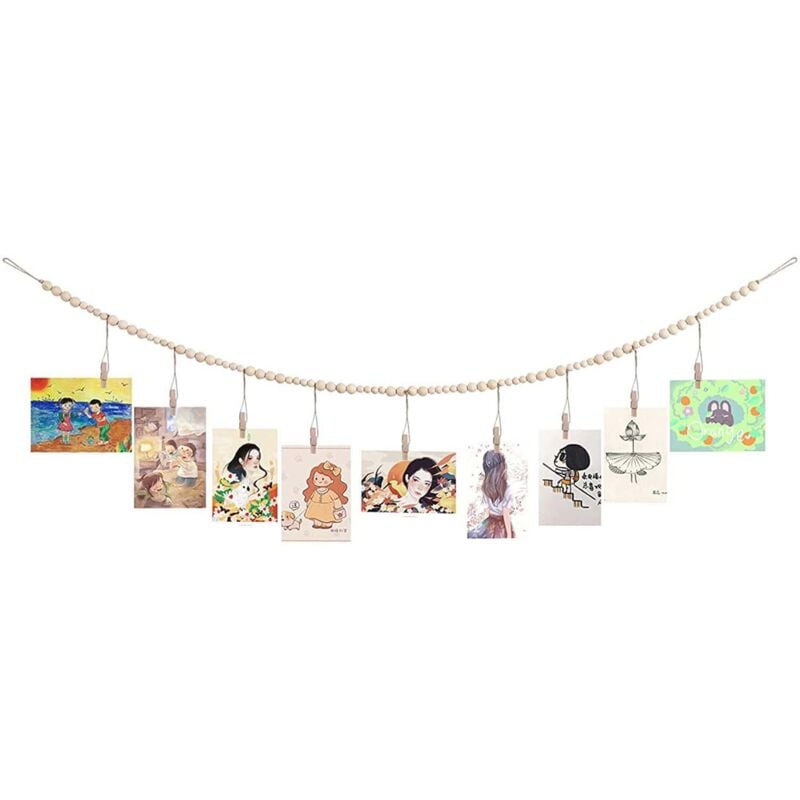 foto del prodotto bebusingoto espositore per foto da parete con ghirlanda di perline di legno, cornice per collage per decorazioni da parete in stile boho, portafoto