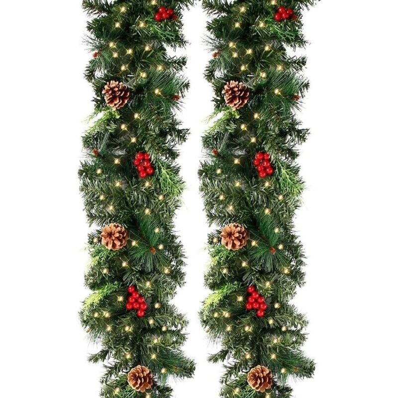 foto del prodotto bebusingoto ghirlanda di albero di natale artificiale da 270 cm con luci verdi con 50 led, 230 teste, pigna, frutta rossa, ghirlanda di albero di