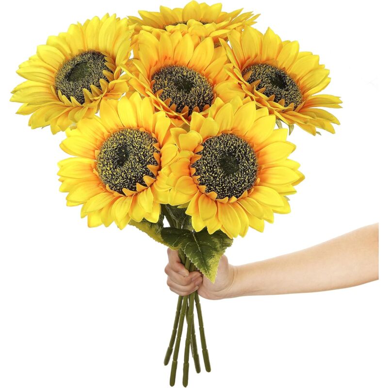 foto del prodotto bebusingoto girasoli artificiali in seta, 6 pezzi, bouquet di girasoli finti a stelo lungo, grandi girasoli decorativi per casa, hotel, ufficio,