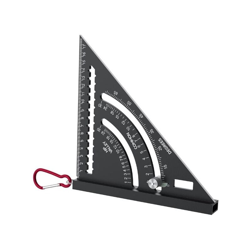 foto del prodotto bebusingoto goniometro triangolare multifunzionale per lavorazione del legno in lega di alluminio da 180 mm, 0 90 , con gancio e fessura per matita