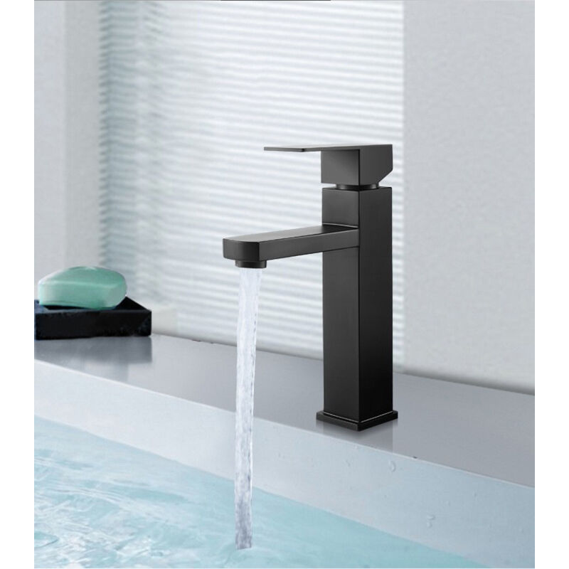 foto del prodotto bebusingoto lavandino nero, rubinetto per bagno a cascata, miscelatore per lavabo con acqua calda e fredda, valvola in ceramica a risparmio idrico,