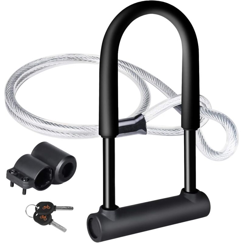 foto del prodotto bebusingoto lucchetto per bicicletta, lucchetto a u con cavo in acciaio flessibile da 1,2 m e staffa di montaggio resistente per biciclette,