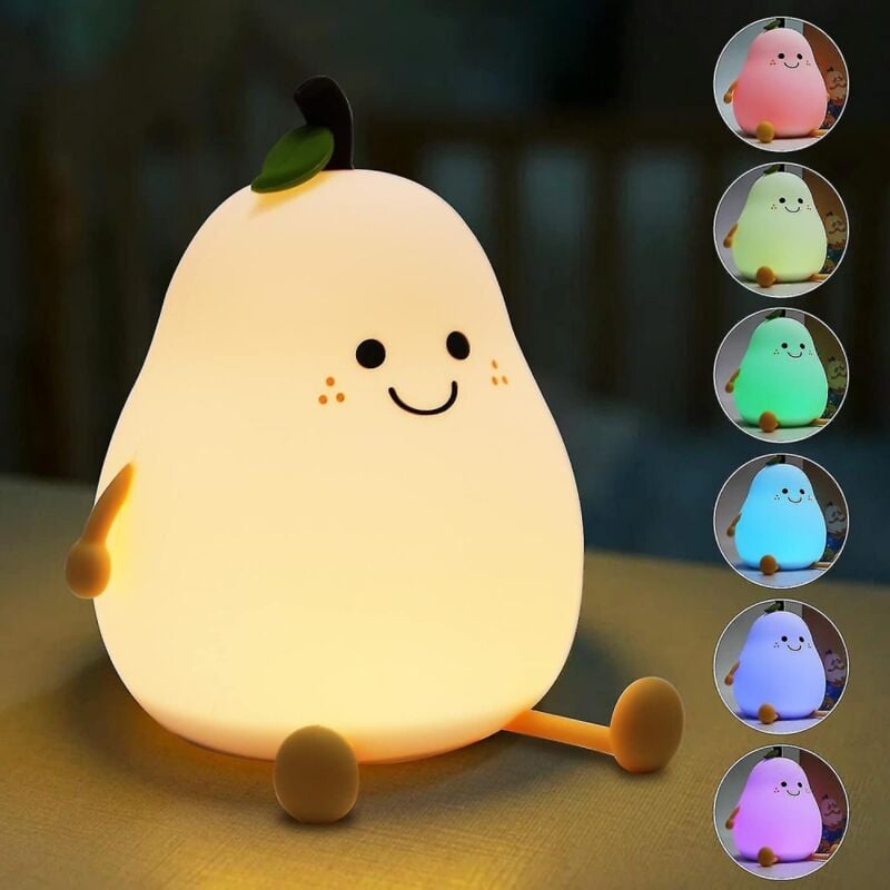foto del prodotto bebusingoto luce notturna a forma di pera con sorriso, lampada notturna ricaricabile in silicone con sensore touch, luce notturna a 7 colori