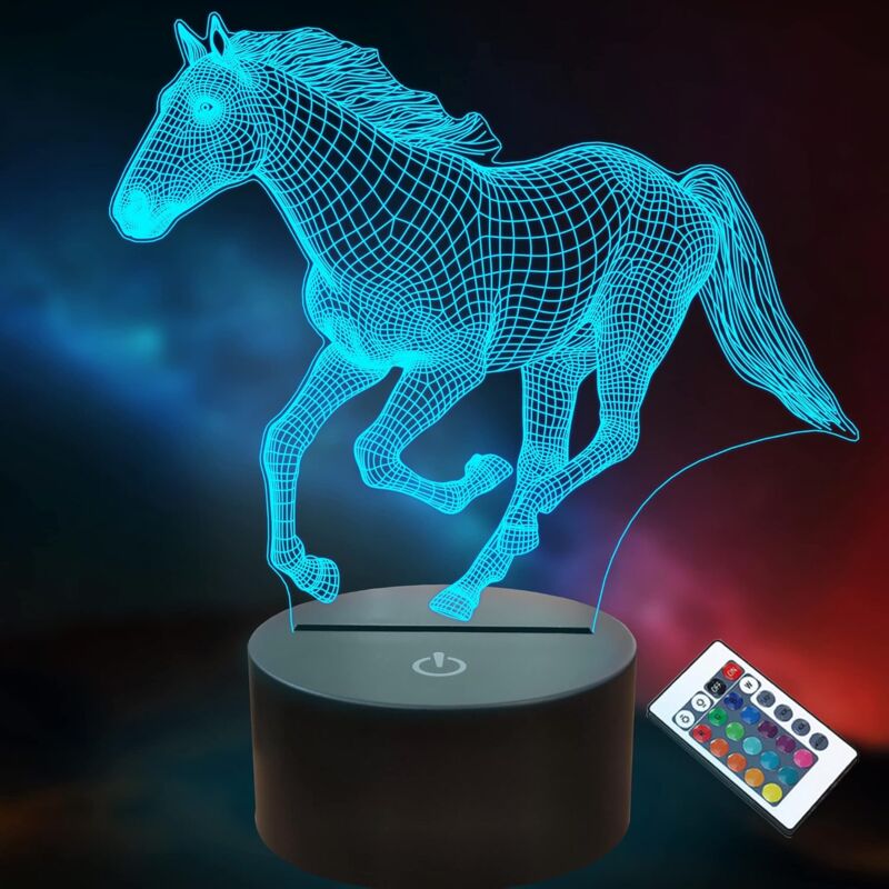 foto del prodotto bebusingoto luci notturne a forma di cavallo, lampada illusione 3d a forma di cavallo con telecomando, 16 colori, funzione dimmer timer, regalo di