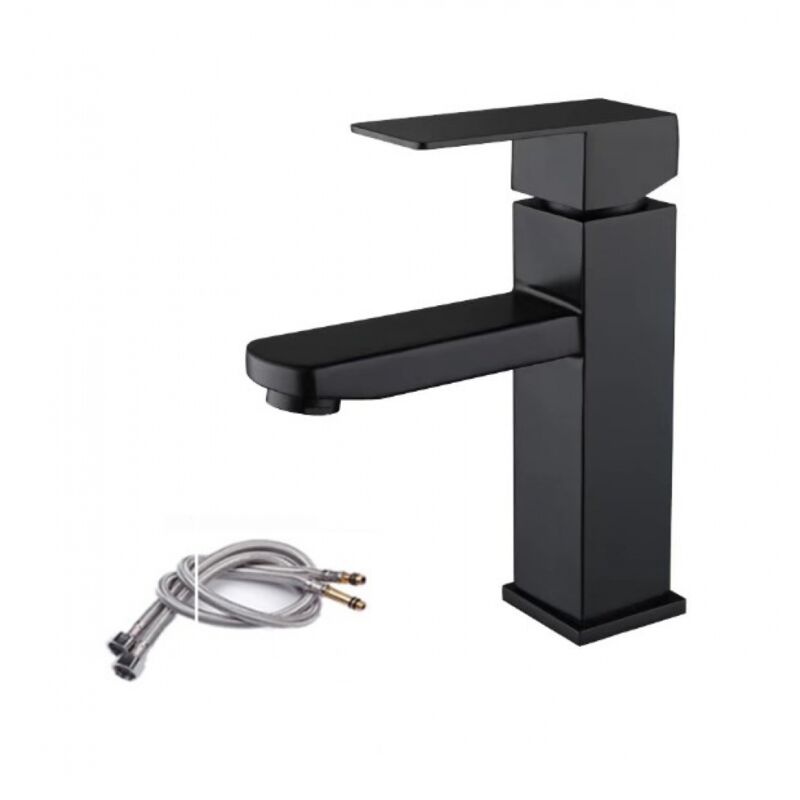 foto del prodotto bebusingoto miscelatore monocomando per lavabo in acciaio inox nero, acqua calda e fredda con tubi flessibili inclusi, rubinetto per lavabo nero,