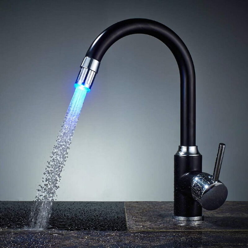 foto del prodotto bebusingoto miscelatore per lavello da cucina a led con vernice spray nera a foro singolo, rubinetto girevole per acqua calda e fredda, 8001 a6 nero