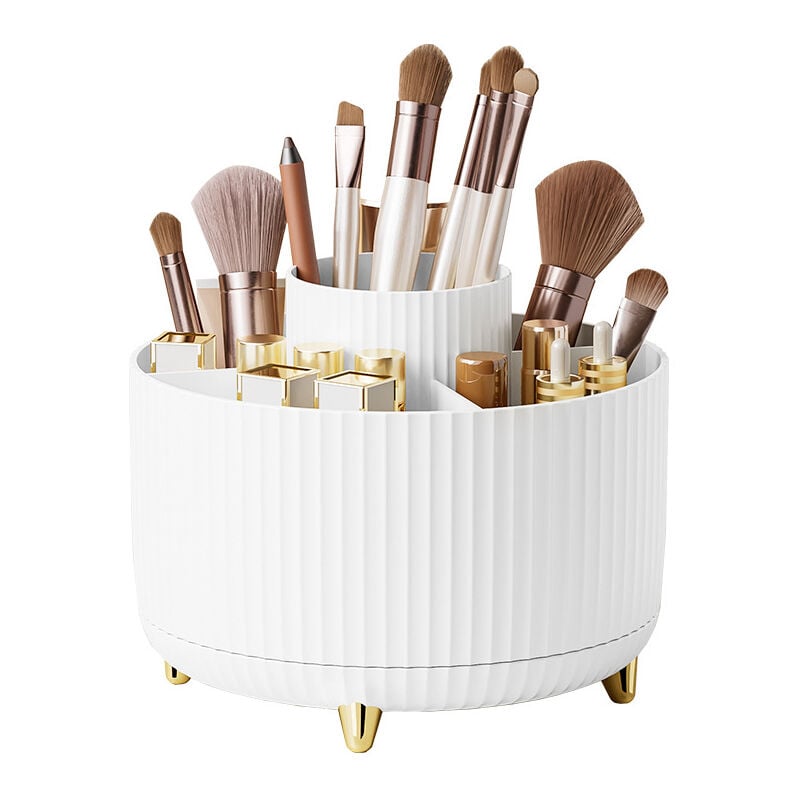 foto del prodotto bebusingoto organizer per trucco rotante, contenitore per matite e pennelli da trucco con rotazione a 360 , 5 scomparti, bianco 15 x 12,5 cm 