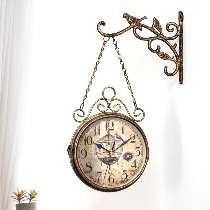 foto del prodotto bebusingoto orologio da stazione bifacciale, design retr , ferro battuto, orologio da stazione sospeso, 8 pollici, stile nostalgico, per giardino,