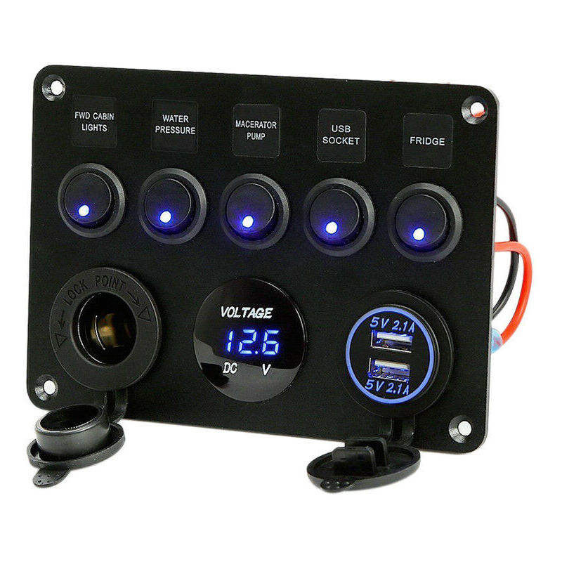 foto del prodotto bebusingoto pannello interruttori a bilanciere a 5 bande con doppia presa usb 5v 4.2a accendisigari voltmetro per barca marina, auto, camper,