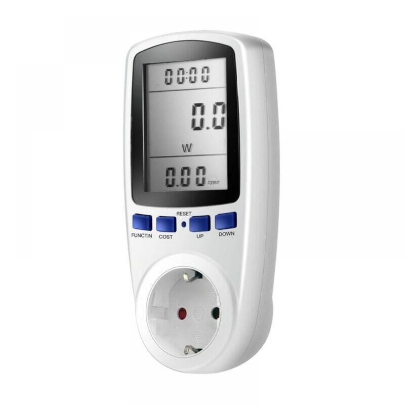 foto del prodotto bebusingoto presa con contatore di energia, display lcd, 16a, 230v, 50hz, consumo energetico, amperaggio, tensione, potenza massima 3680w, bianco