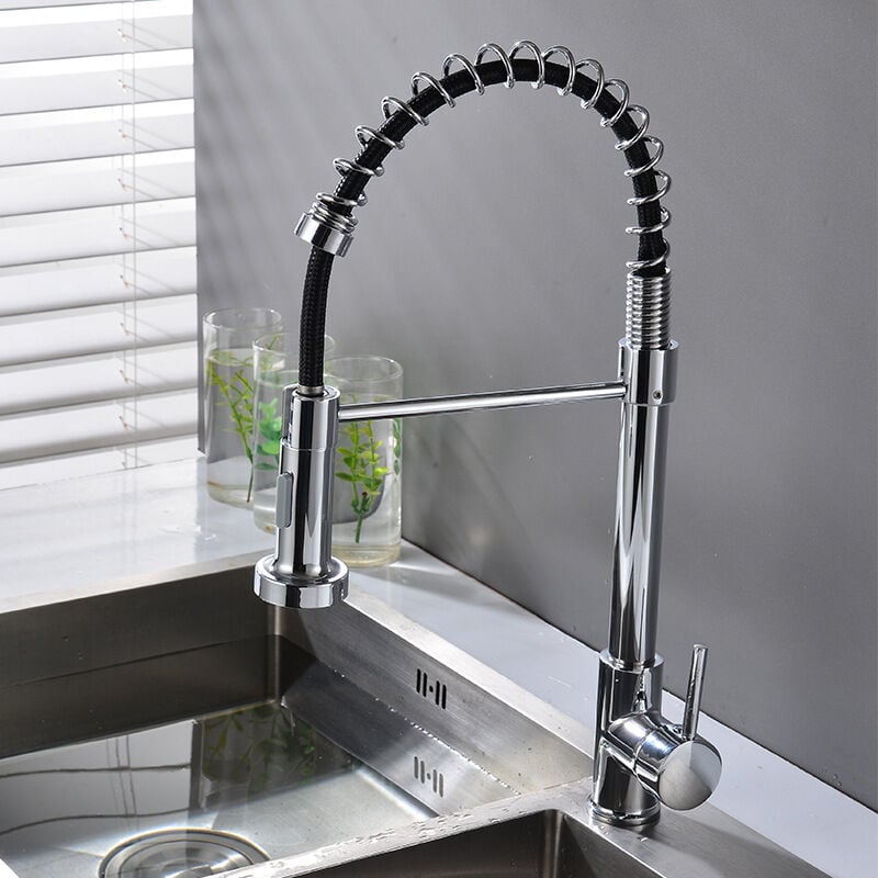 foto del prodotto bebusingoto rubinetto da cucina con molla elicoidale, rubinetto da cucina girevole a 360 , spruzzatore estraibile, alta pressione, zincato