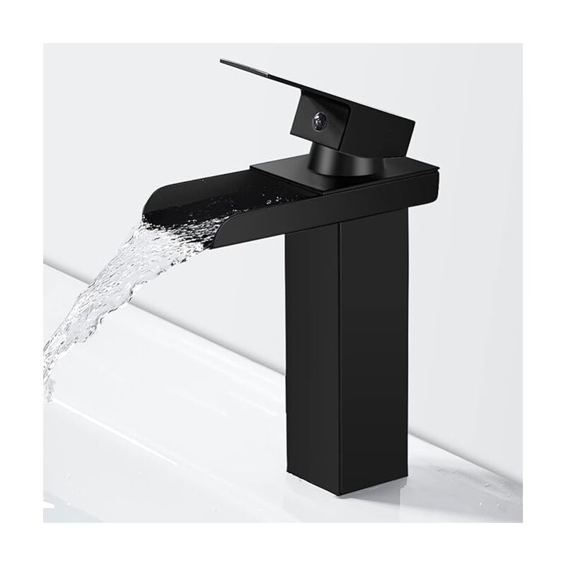 foto del prodotto bebusingoto rubinetto moderno per bagno in ottone nero, miscelatore per lavabo a cascata, rubinetto per lavabo con altezza beccuccio 145 mm, acqua
