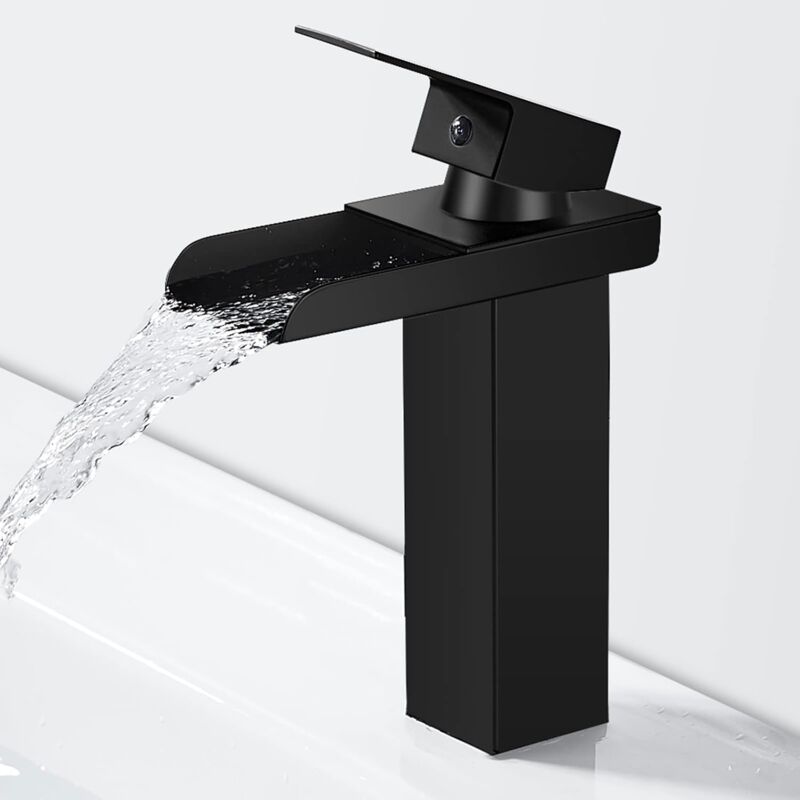 foto del prodotto bebusingoto rubinetto moderno per il bagno a cascata nero, rubinetto per lavabo a cascata con beccuccio alto 140 mm, rubinetto per il bagno in