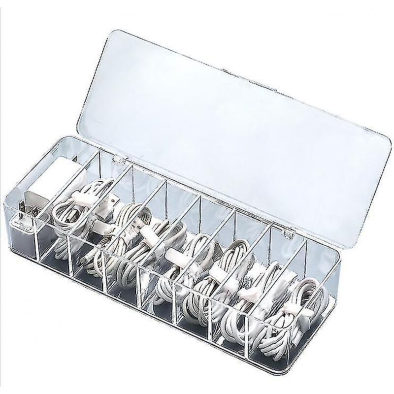foto del prodotto bebusingoto scatola portaoggetti trasparente antipolvere per accessori elettronici, cavi, caricabatterie, fili, 8 griglie.