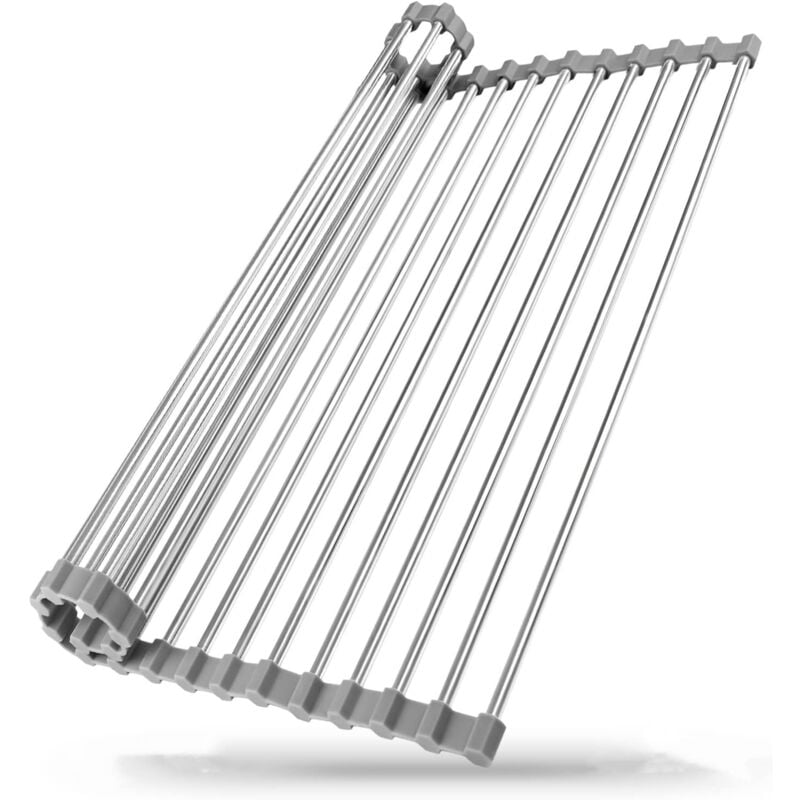 foto del prodotto bebusingoto - scolapiatti arrotolabile in acciaio inossidabile, da posizionare sopra il lavello, utensile per molte attività in cucina (grigio, grande)