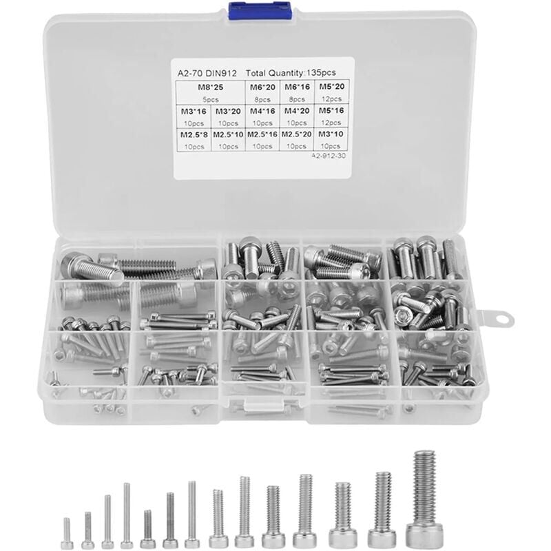 foto del prodotto bebusingoto set da 135 pezzi m2.5 m3 m4 m5 m6 m8 304 in acciaio inossidabile con testa a esagono incassato, con scatola di plastica trasparente.