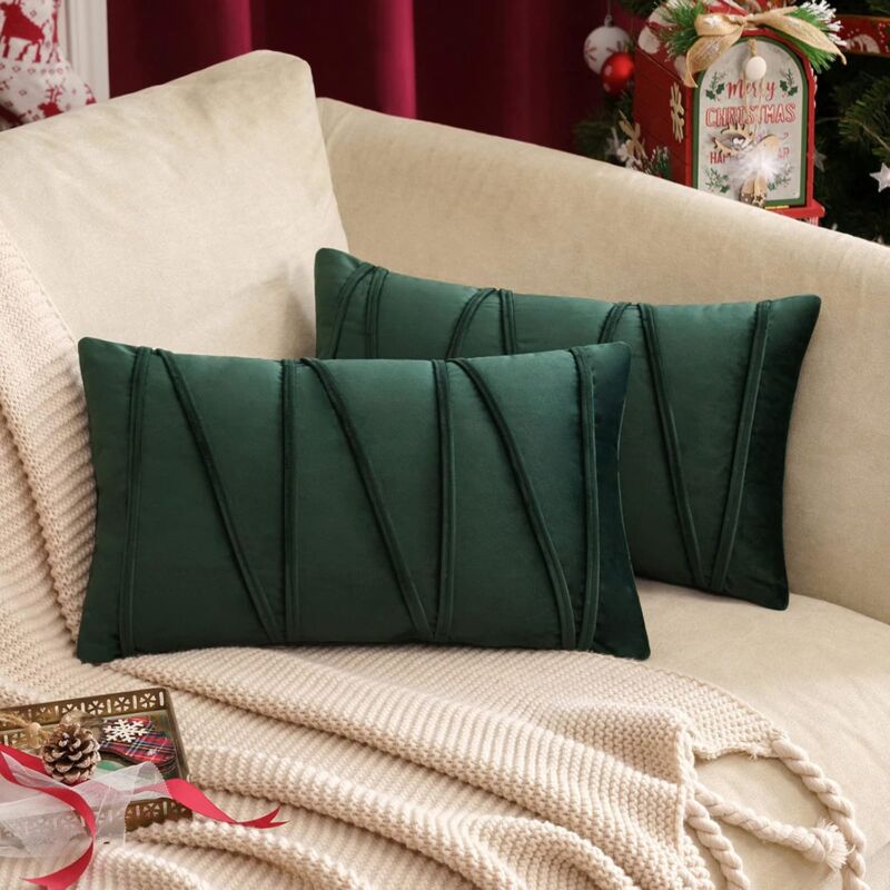 foto del prodotto bebusingoto set di 2 federe per cuscini in velluto verde scuro 30x50 cm con strisce decorative cucite a mano rettangolari morbide boh mien comode