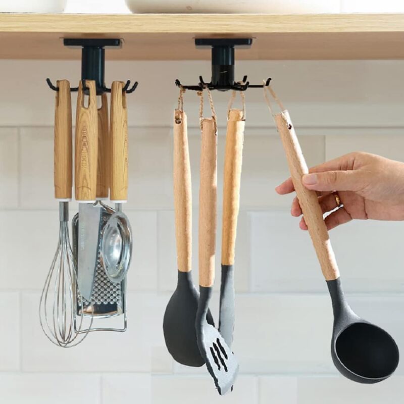 foto del prodotto bebusingoto set di 2 portautensili da cucina girevoli a 360 con 6 ganci, organizer portaoggetti senza trapano per cucina e bagno.