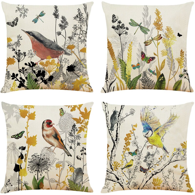 foto del prodotto bebusingoto set di 4 federe per cuscini con motivo a fiori e uccelli, quadrate, per divano, soggiorno, camera da letto, ufficio, veranda, 45x45 cm