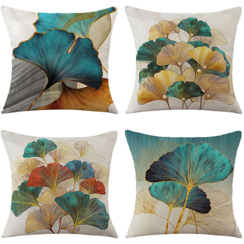 foto del prodotto bebusingoto set di 4 federe per cuscini decorativi 45 cm x 45 cm, moderne federe decorative con foglie oro e verde acqua, decorazioni per la casa