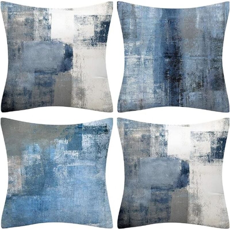 foto del prodotto bebusingoto set di 4 federe per cuscini decorativi in lino denso blu e grigio, 45 x 45 cm, con motivo moderno astratto, per soggiorno, giardino,