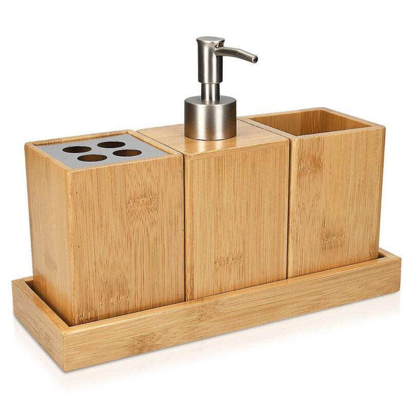 foto del prodotto bebusingoto set di accessori da bagno accessori da bagno in bamb portaspazzolino dispenser di sapone supporto