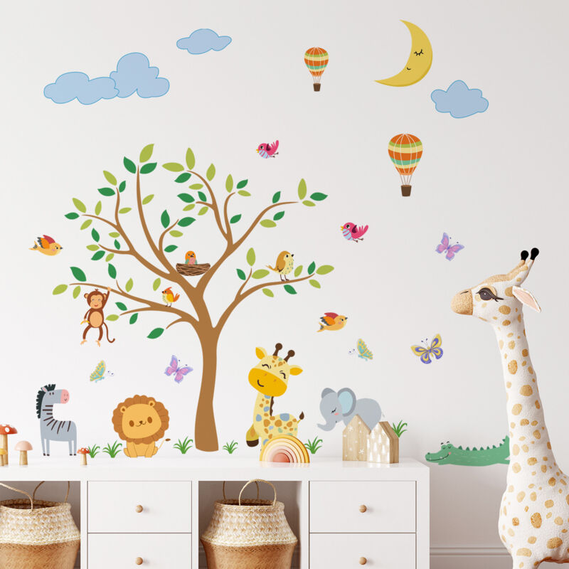 foto del prodotto bebusingoto - set di adesivi murali animali, adesivi murali giungla, adesivi murali albero elefante giraffa leone, adesivi murali per cameretta dei bambini, decorazioni murali per cameretta dei bambini,