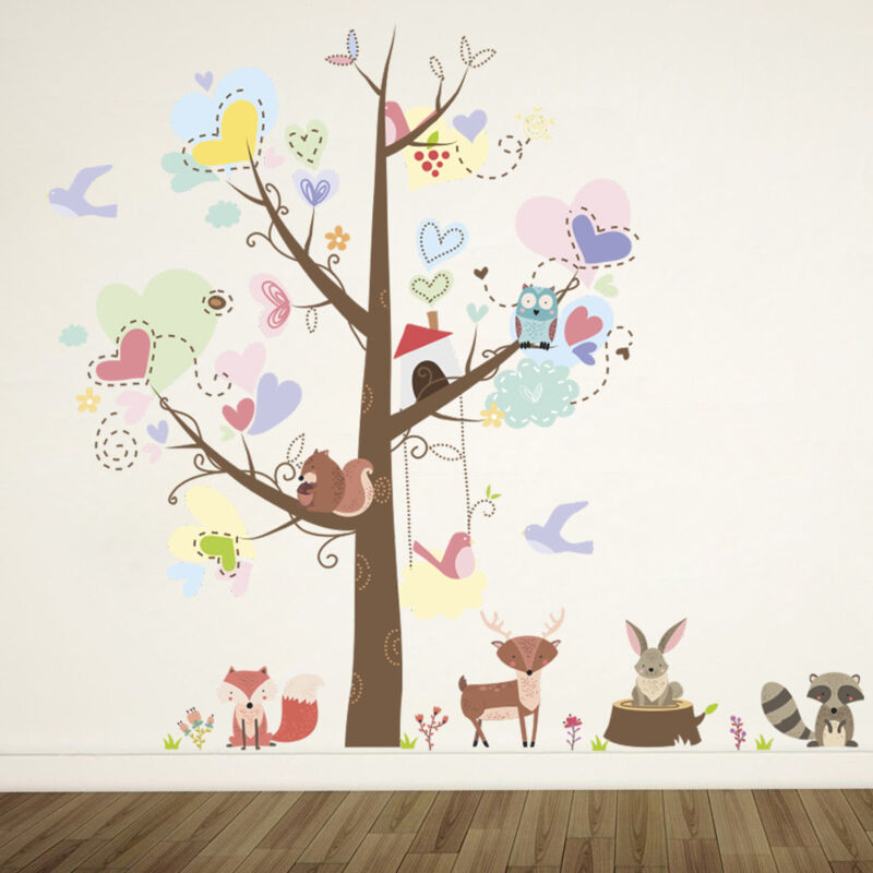 foto del prodotto bebusingoto - set di adesivi murali per camerette bambini, maschi e femmine, con animali, alberi, cuori, adesivi murali per camerette neonati, decorazioni per asili nido e scuole materne.
