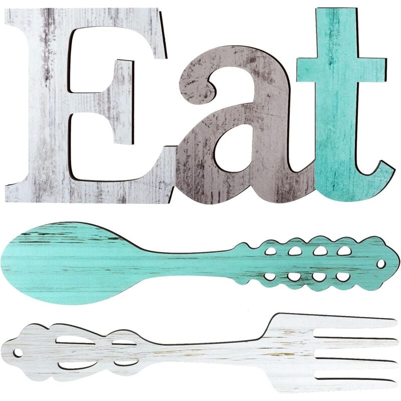 foto del prodotto bebusingoto set di cartelli eat, decorazione da parete con forchetta e cucchiaio, decorazione rustica in legno, graziose lettere per cucina e casa,