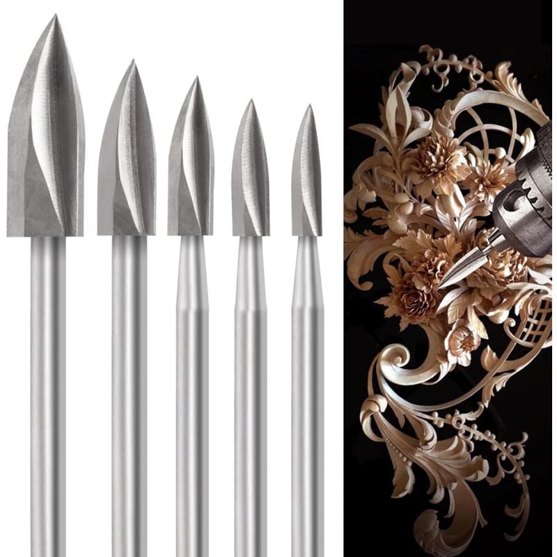 foto del prodotto bebusingoto set di punte per intaglio del legno per utensili rotanti, 5 pezzi di punte per intaglio del legno con gambo da 1 8 di pollice per